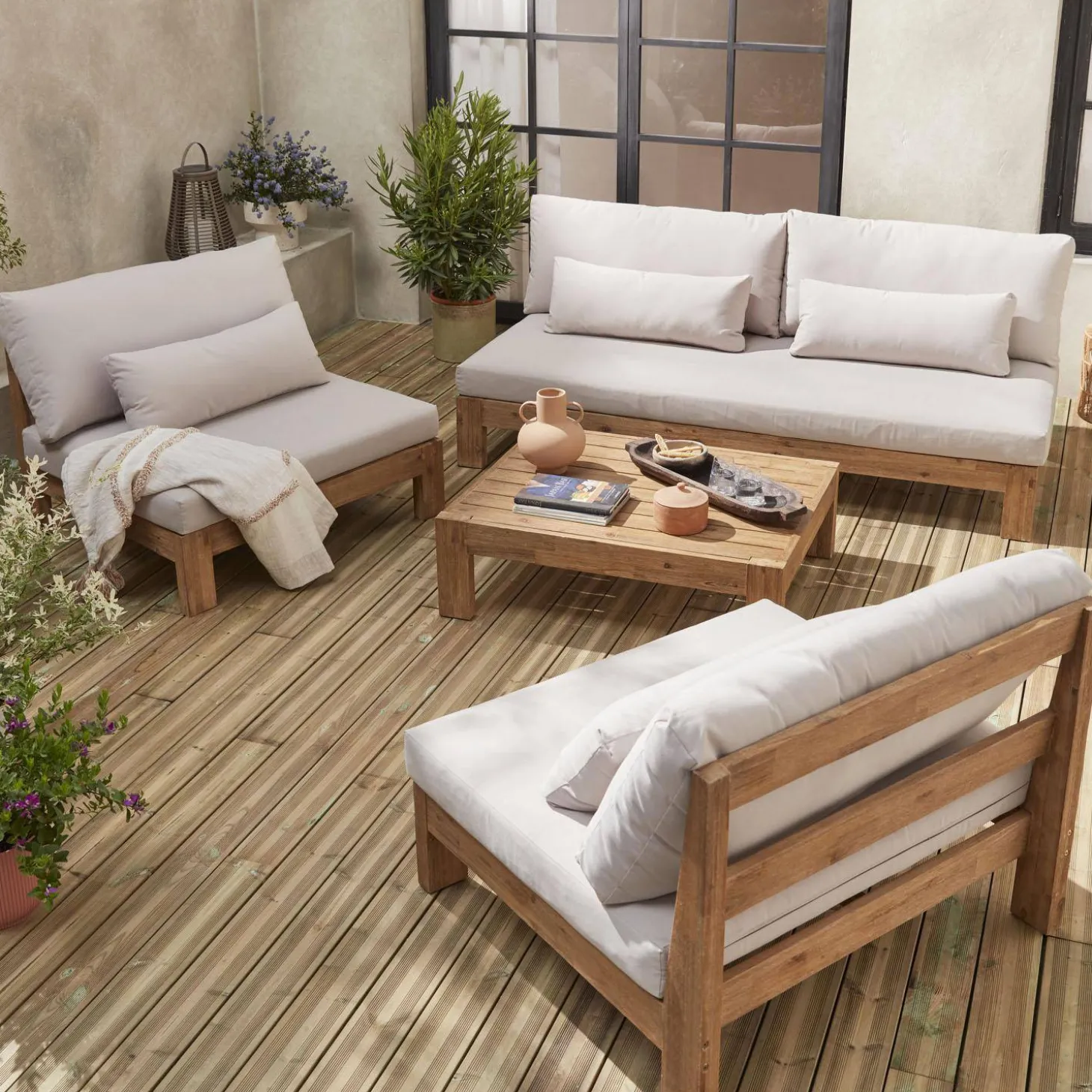 Conjunto de sofá de jardim relax em madeira, 5 lugares