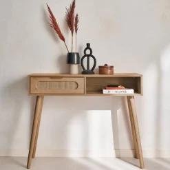 Consola escandinava com efeito madeira e cana, 100cm