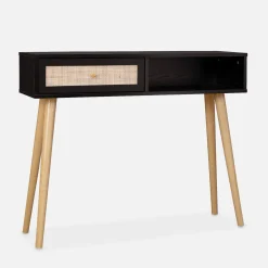 Consola escandinava com efeito de madeira e cana, 100cm