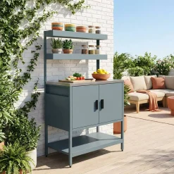 Cozinha de exterior em aço com 2 prateleiras suspensas e 2 portas, 80cm