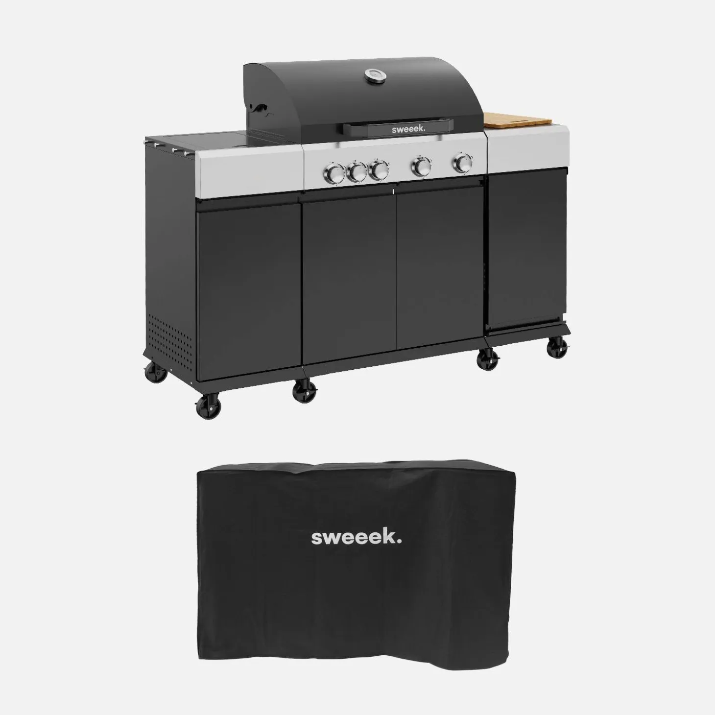 Cozinha exterior com churrasqueira a gás, 5 bicos com termómetro e capa