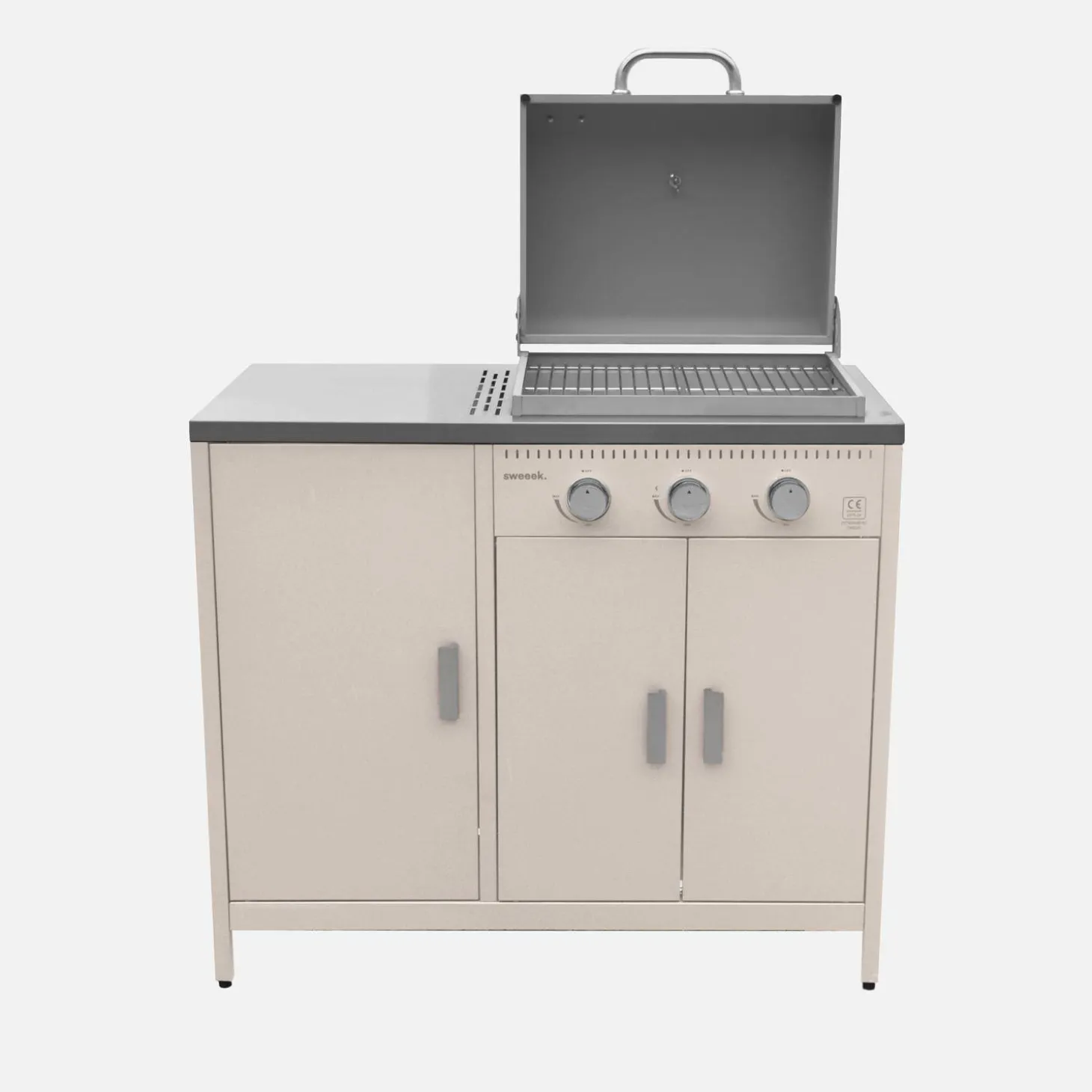 Cozinha exterior de 2 módulos com churrasqueira a gás de 3 queimadores