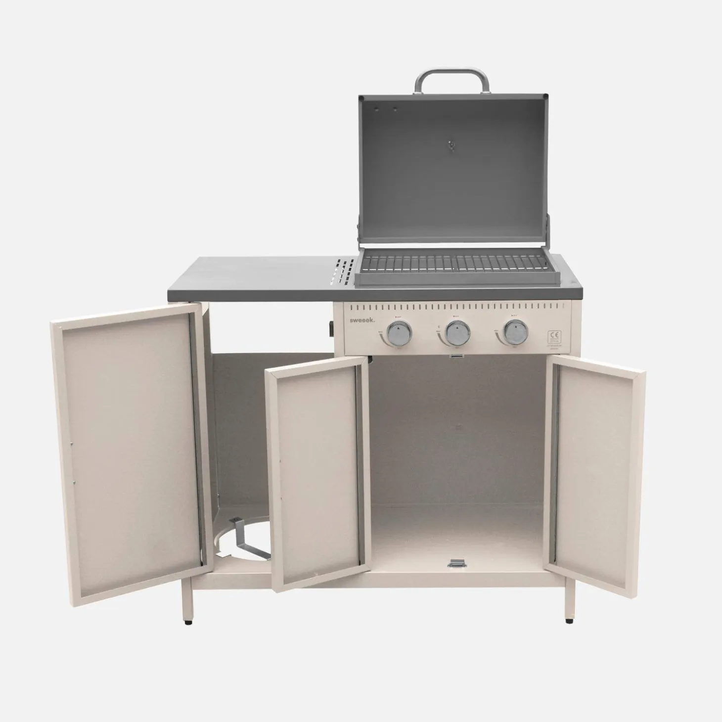 Cozinha exterior de 2 módulos com churrasqueira a gás de 3 queimadores