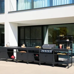 Cozinha exterior de 6 módulos em aço inoxidável com churrasqueira a gás e 4 queimadores