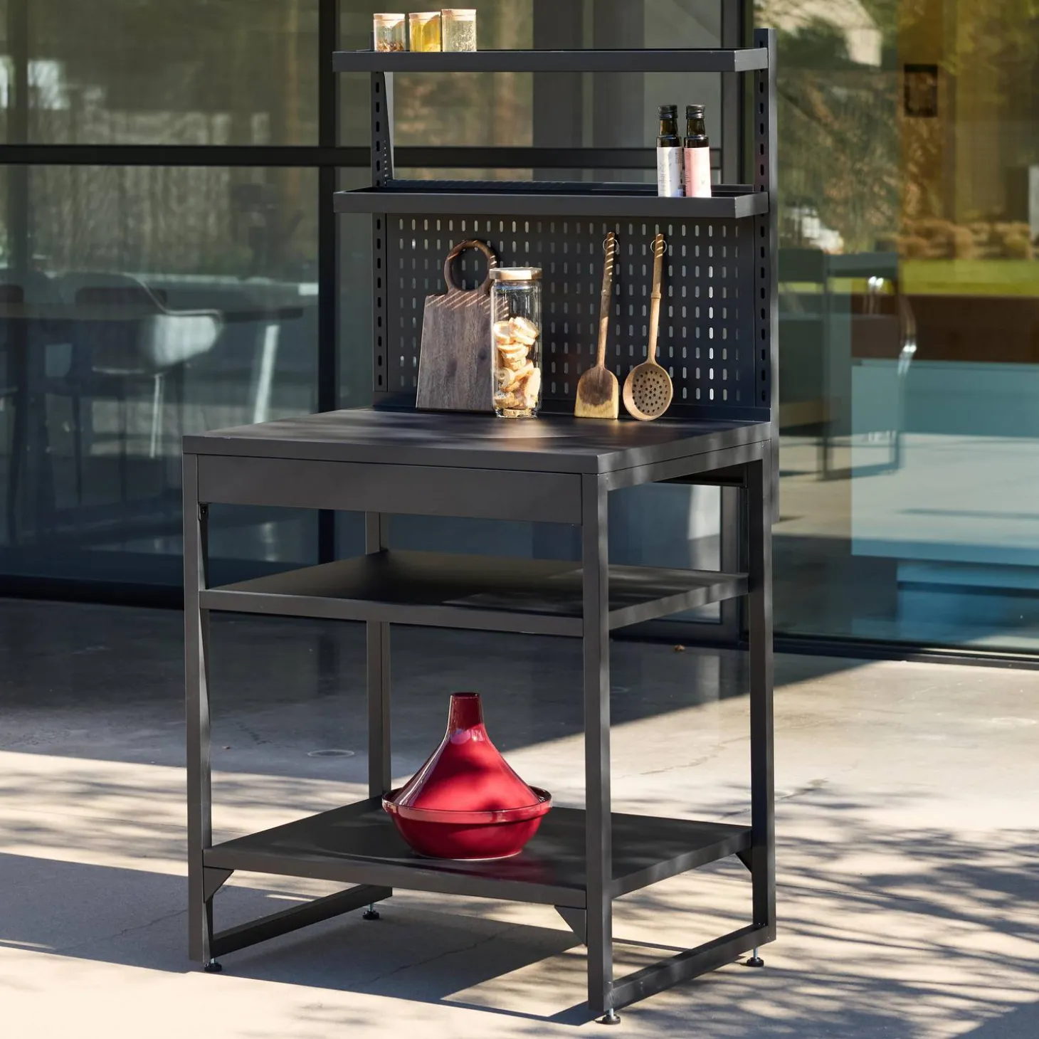 Cozinha externa de aço com 2 prateleiras, 2 tampos e suporte de parede, 80cm