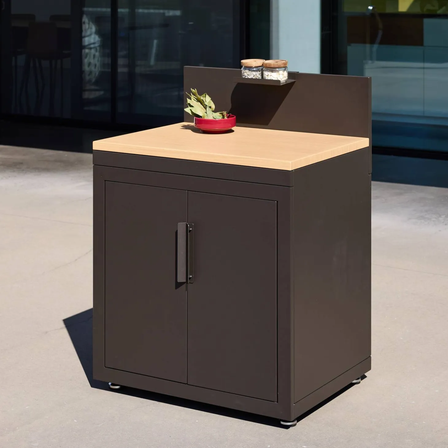 Cozinha externa de aço e decoração de madeira 2 portas 1 gancho 80cm