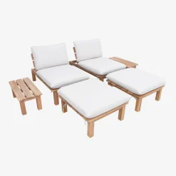 Espreguiçadeira modular multiposições em madeira de acácia com mesa, set de 2