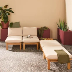 Espreguiçadeira modular multiposições em madeira de acácia com mesa, set de 2