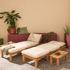 Espreguiçadeira modular multiposições em madeira de acácia com mesa, set de 2