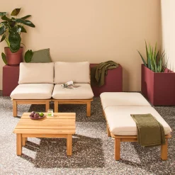 Espreguiçadeira modular multiposições em madeira de acácia com mesa, set de 2