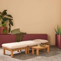 Espreguiçadeira modular multiposições em madeira de acácia com mesa