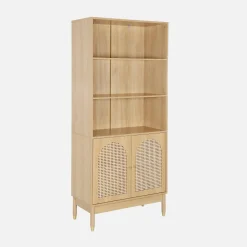 Estante biblioteca decoração madeira e palhinha, 4 níveis e 2 portas