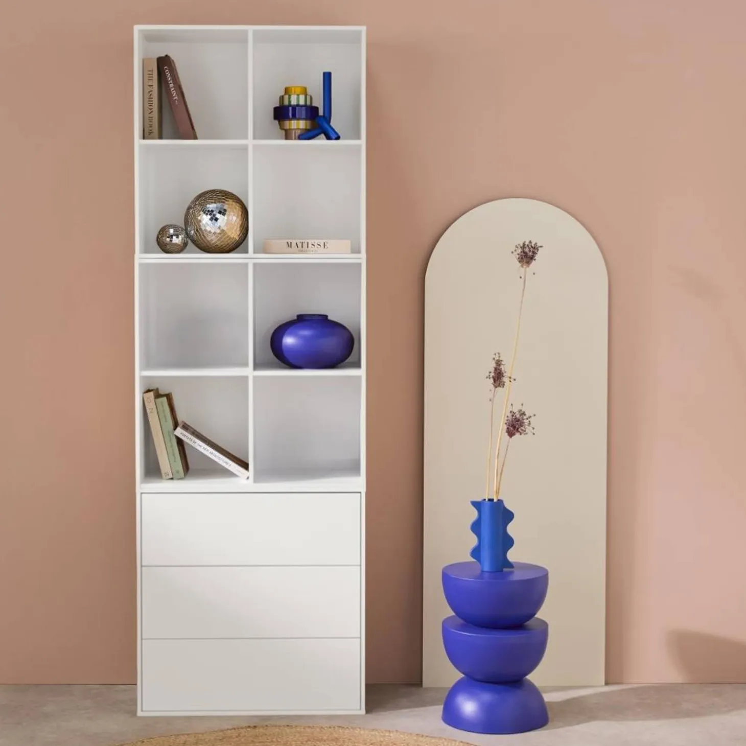 Estante, biblioteca modular decorativa de madeira, 3 gavetas e 8 nichos