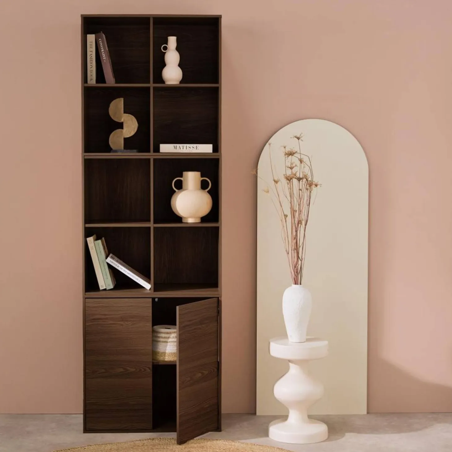 Estante, biblioteca modular decoração madeira, 2 portas e 8 nichos