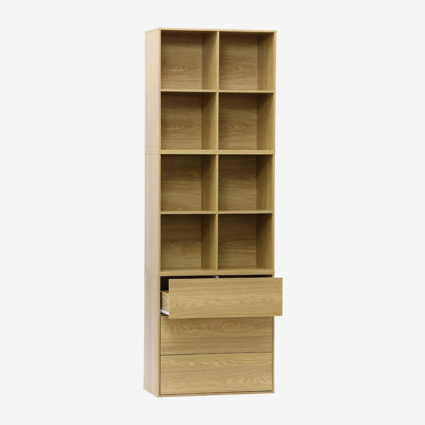 Estante, biblioteca modular decorativa de madeira, 3 gavetas e 8 nichos