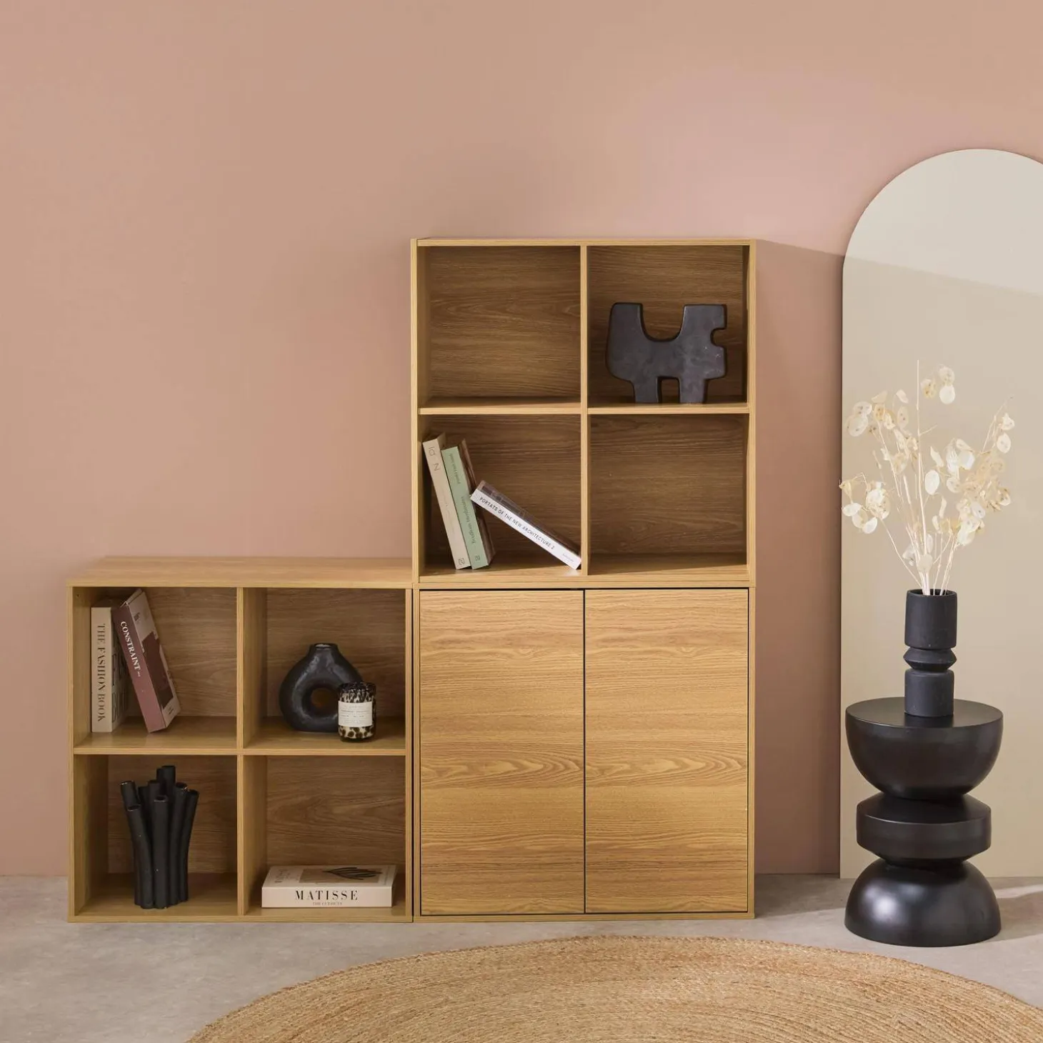 Estante, biblioteca modular decoração madeira, 2 portas e 8 nichos