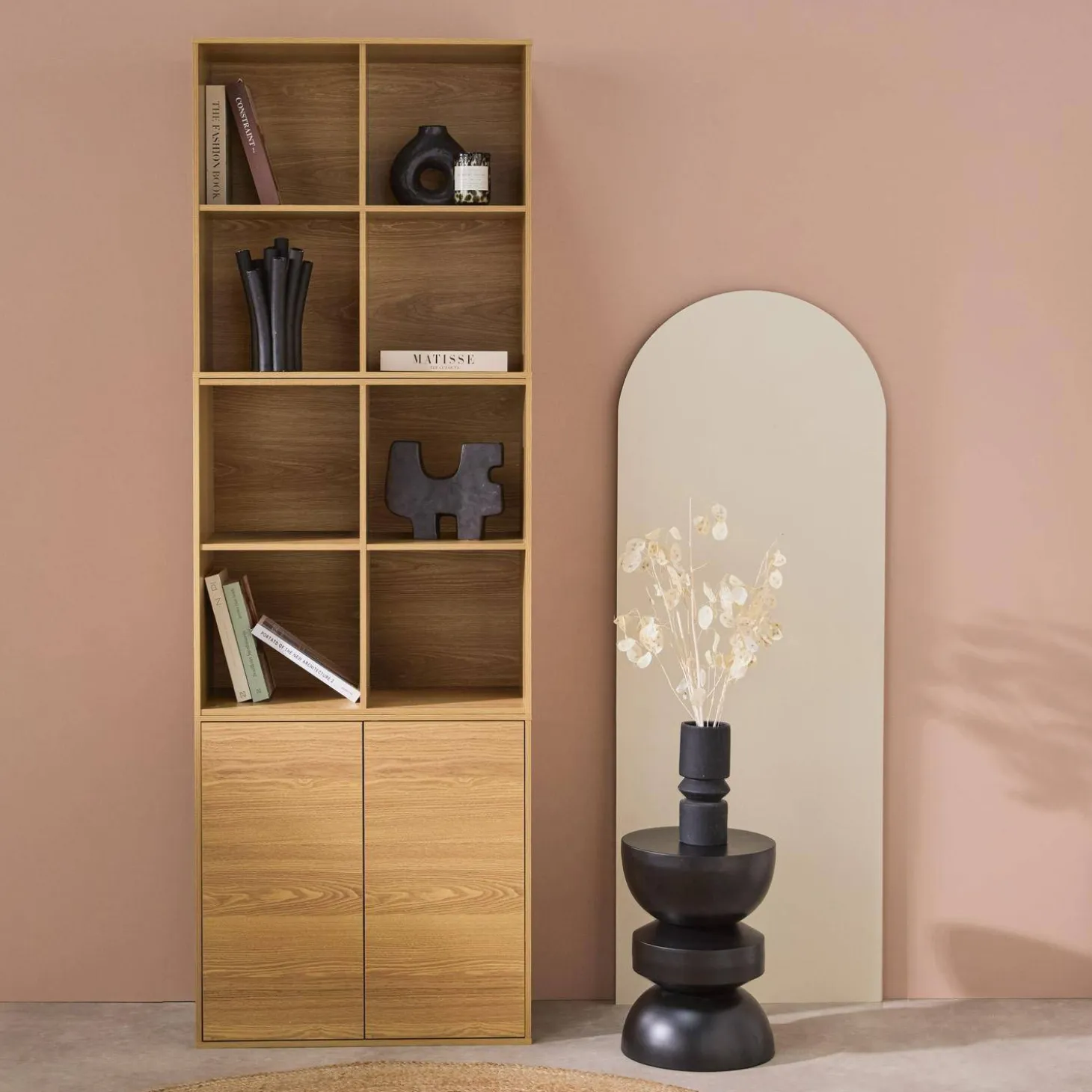 Estante, biblioteca modular decoração madeira, 2 portas e 8 nichos