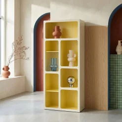 Estante de biblioteca orgânica decoração madeira bicolor 8 compartimentos