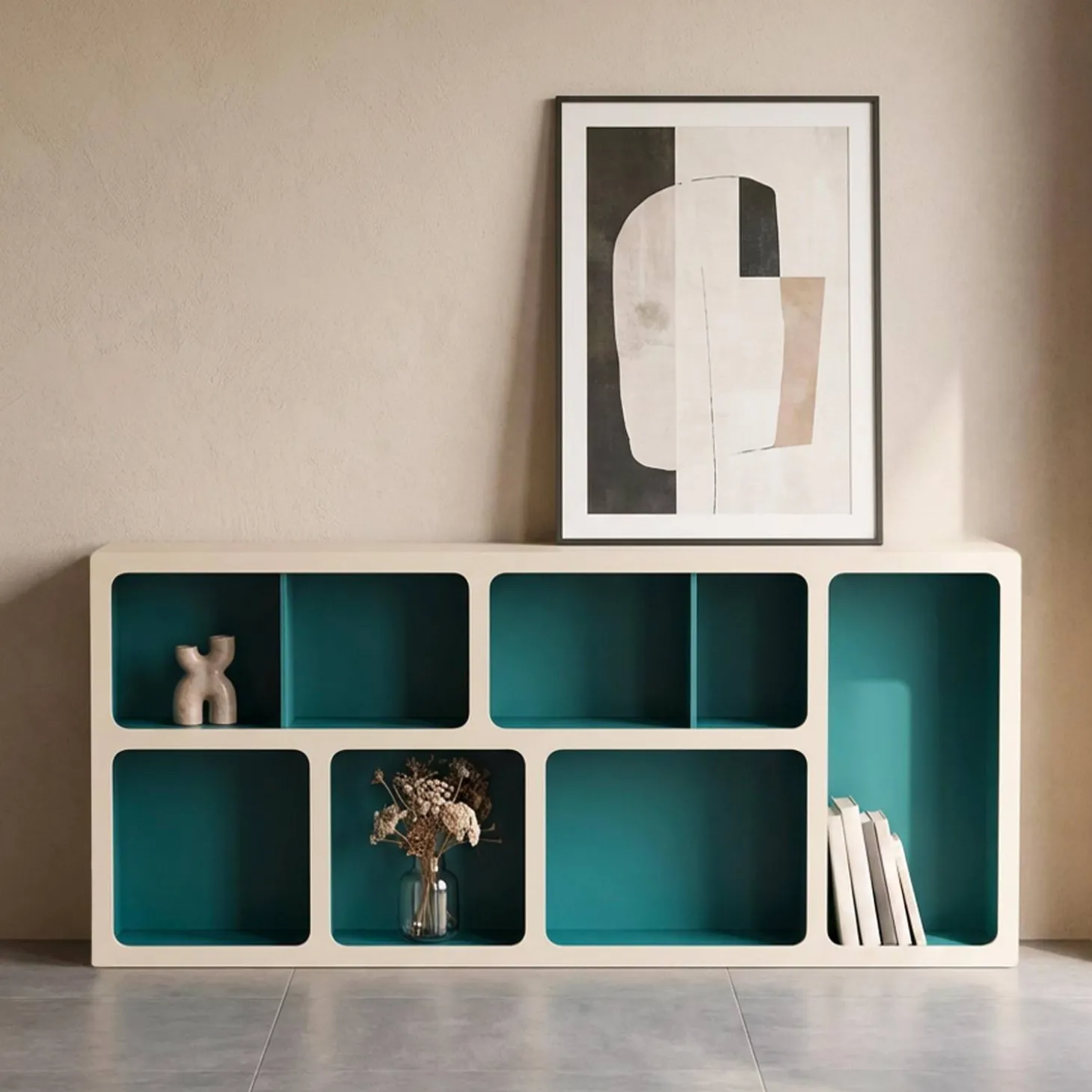 Estante de biblioteca orgânica decoração madeira bicolor 8 compartimentos