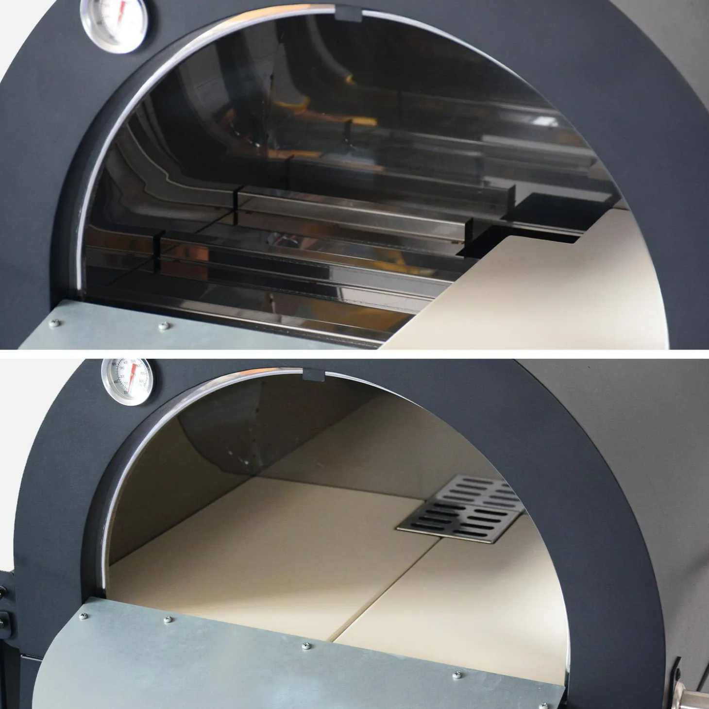Forno de pizza de exterior a carvão com prateleira de apoio