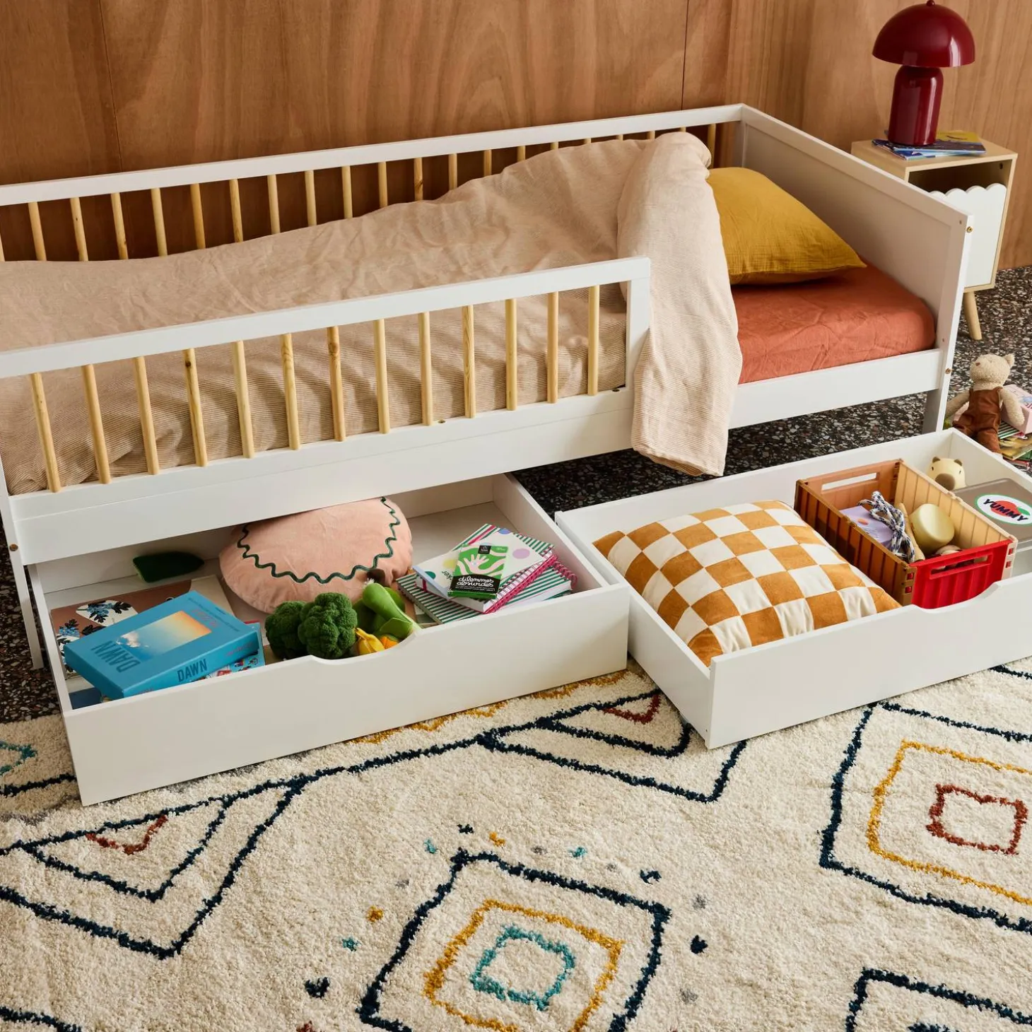 Gaveta de cama infantil Roya em madeira de pinho, set de 2