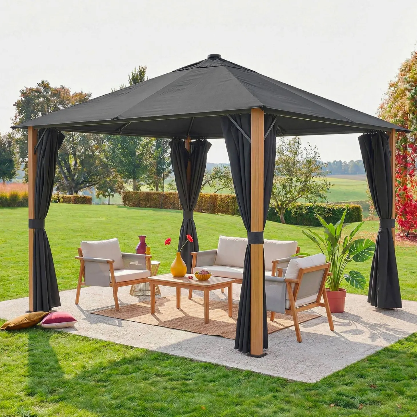 Gazebo em alumínio 3x3m com cortinas e LED