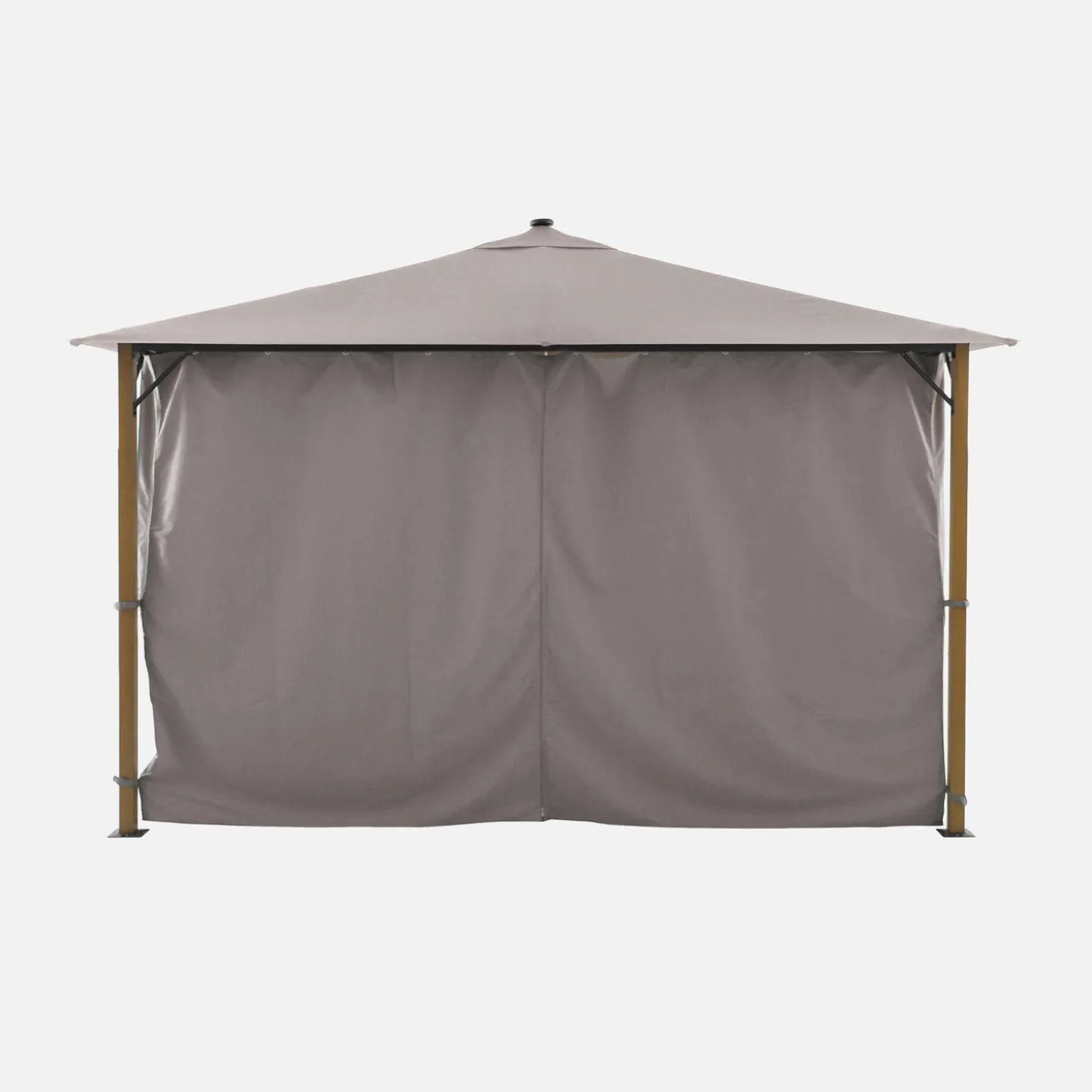 Gazebo 3x4m em alumínio com efeito madeira, cortinas e led