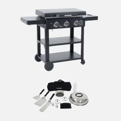 Grelhador a gás 3 queimadores aço inoxidável 12kW com carrinho e utensílios