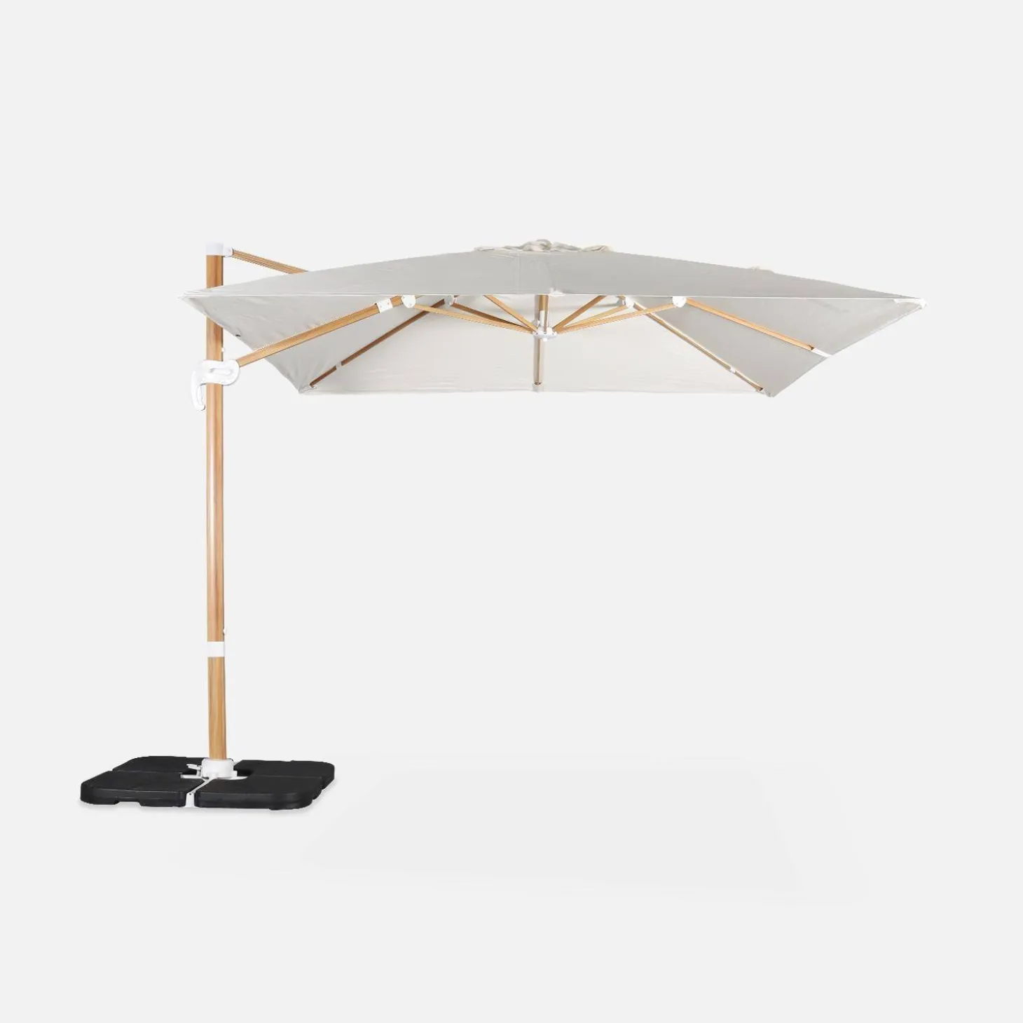 Guarda-sol quadrado excêntrico com mastro efeito madeira, 3x3m + base com peso 50x50cm