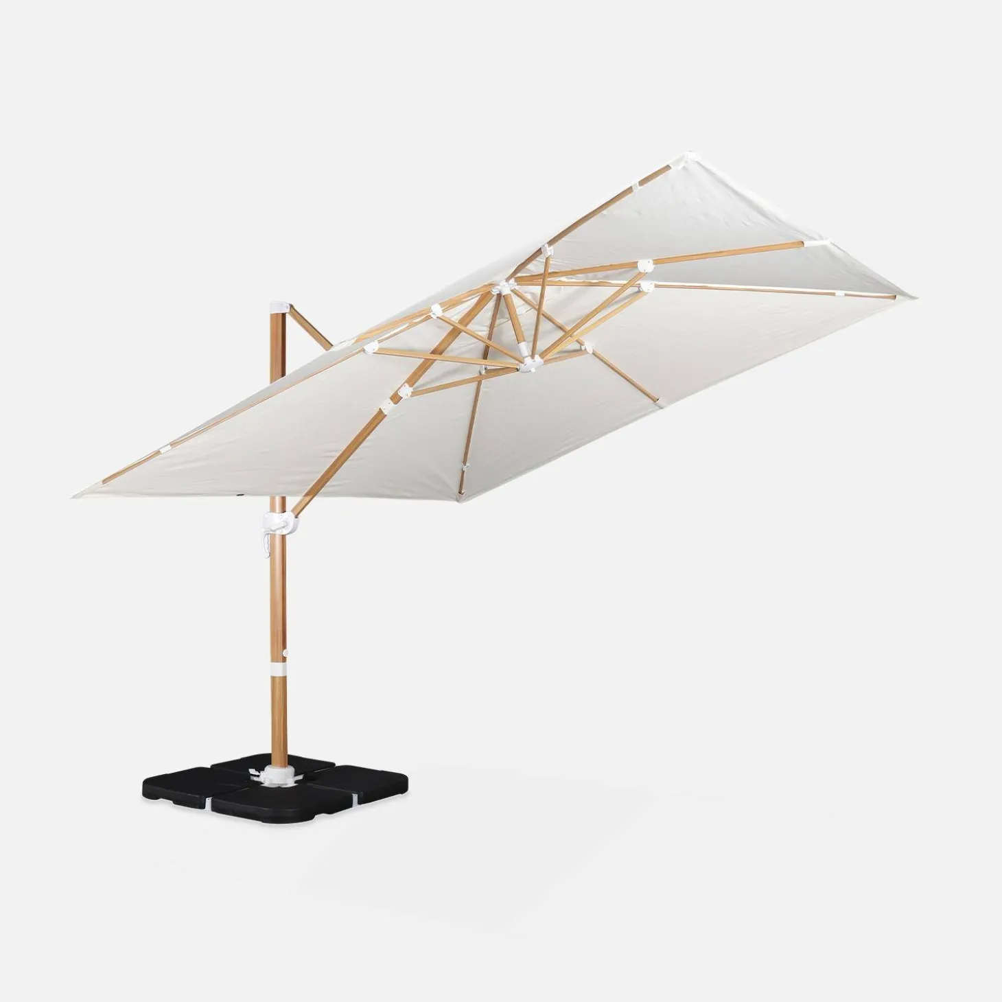 Guarda-sol quadrado excêntrico com mastro efeito madeira, 3x3m + base com peso 50x50cm