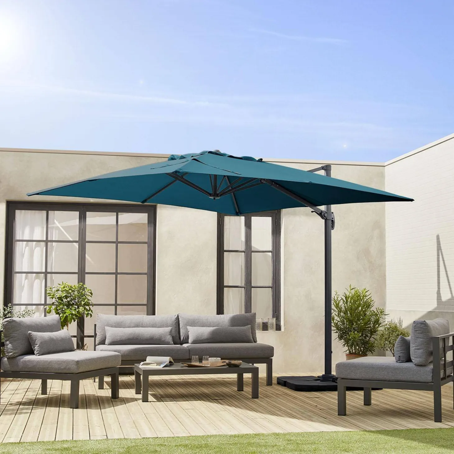 Guarda-sol quadrado excêntrico, 3x3m + placas de lastro 50x50cm