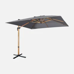Guarda-sol quadrado excêntrico com mastro efeito madeira, 3x3m