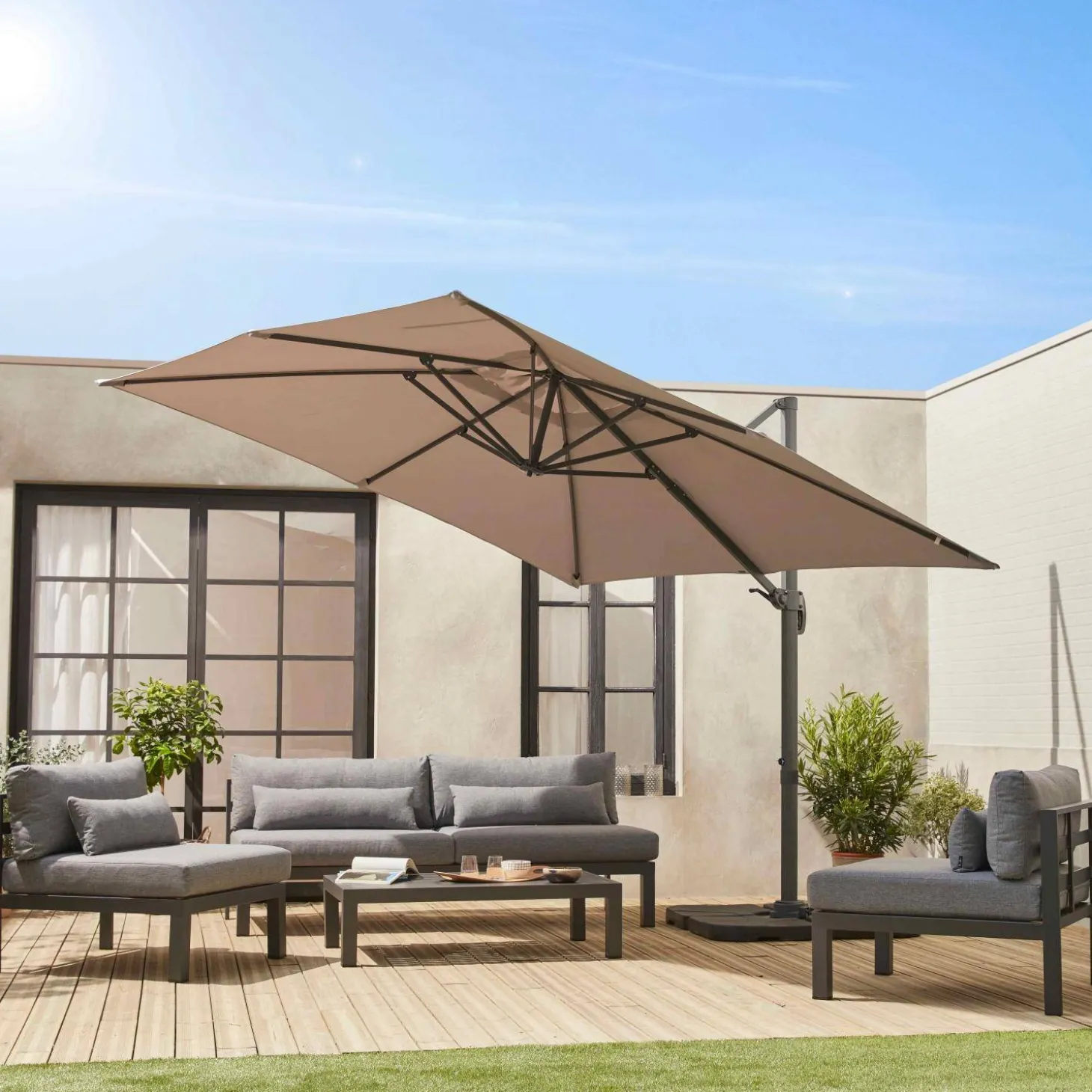 Guarda-sol quadrado excêntrico com mastro efeito madeira, 3x3m