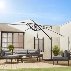 Guarda-sol quadrado excêntrico com mastro efeito madeira, 3x3m