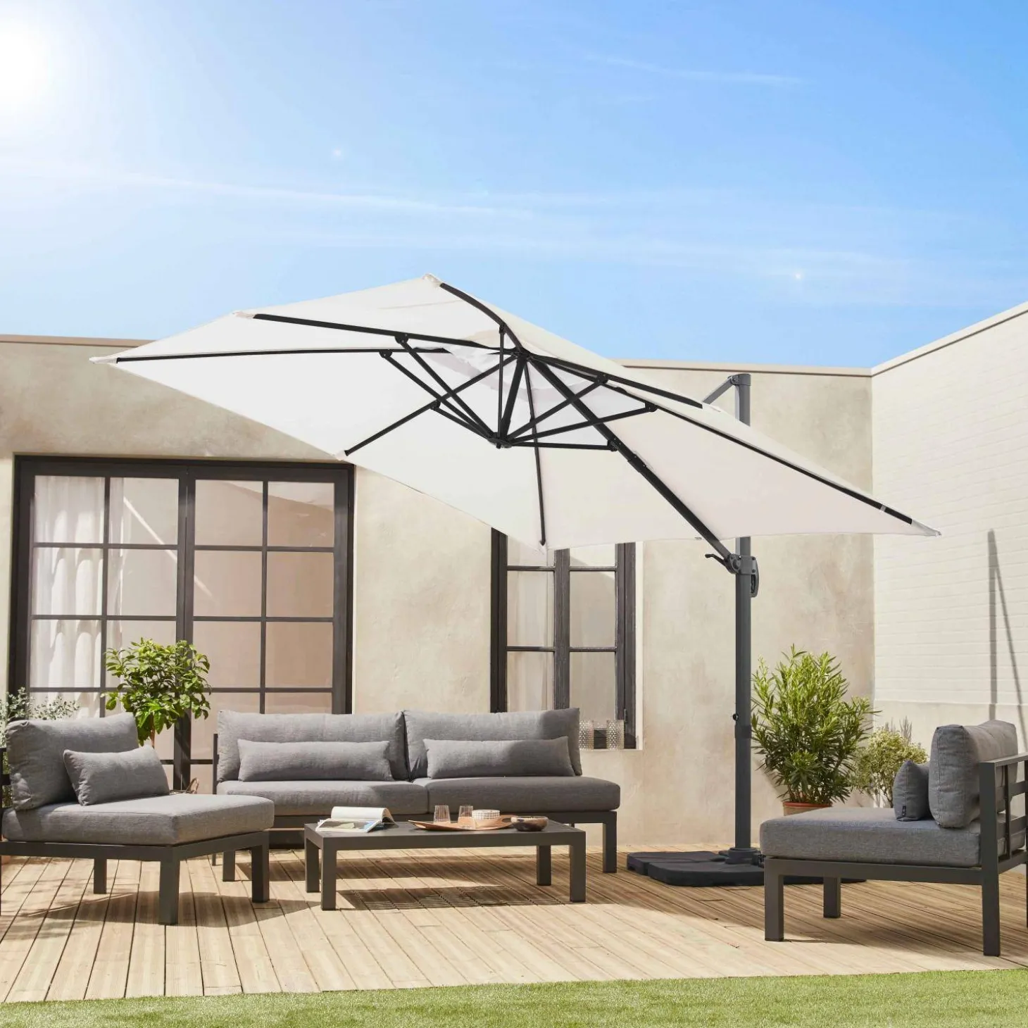 Guarda-sol quadrado excêntrico com mastro efeito madeira, 3x3m