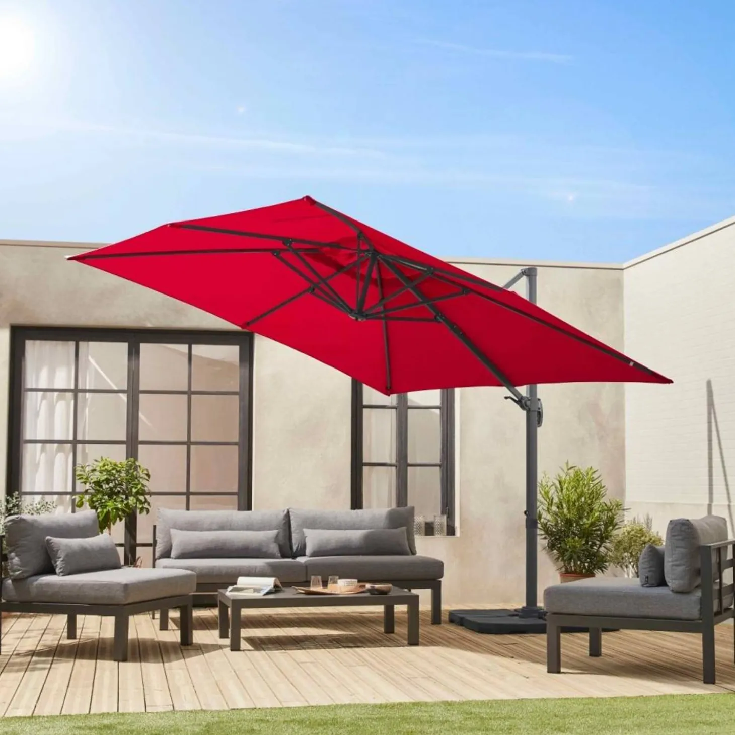 Guarda-sol quadrado excêntrico com mastro efeito madeira, 3x3m
