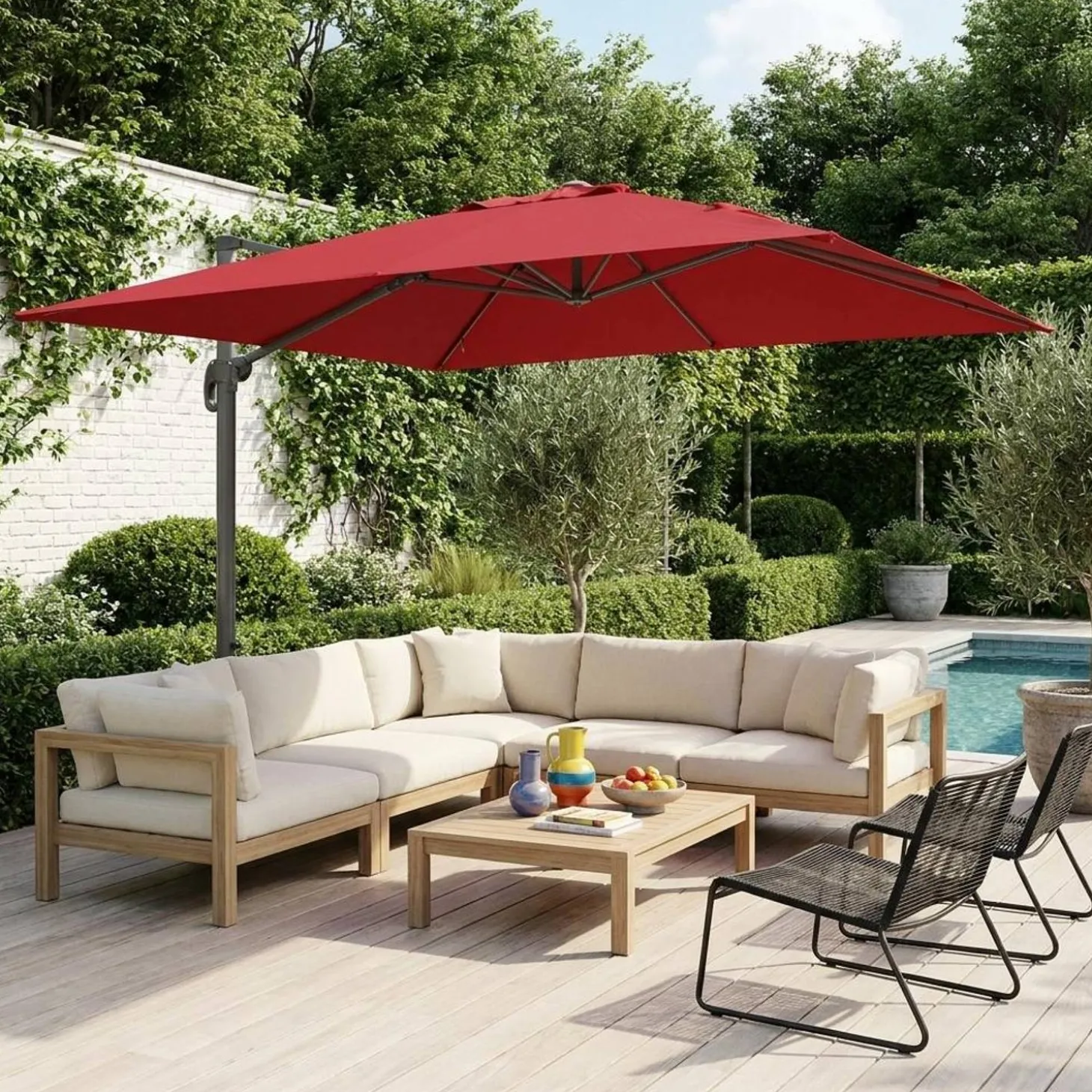 Guarda-sol quadrado excêntrico com mastro efeito madeira, 3x3m