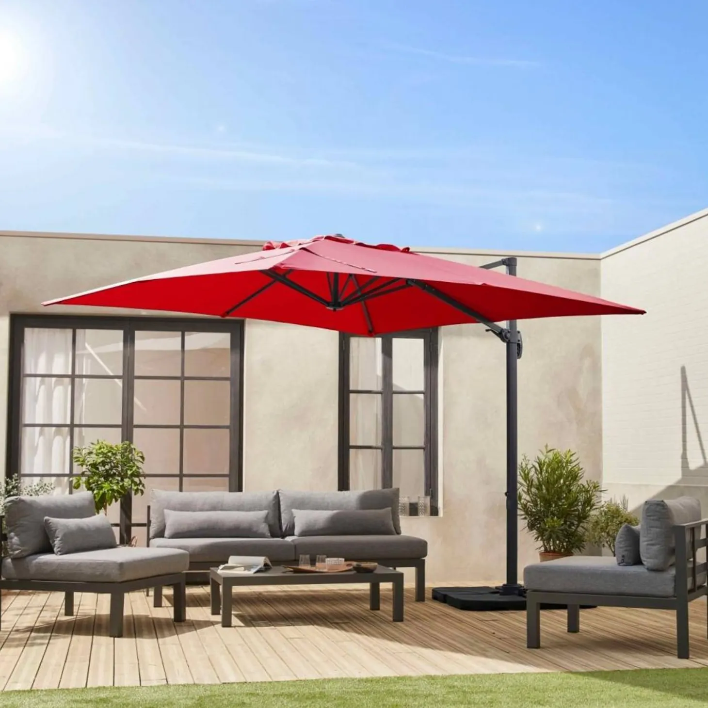 Guarda-sol quadrado excêntrico com mastro efeito madeira, 3x3m