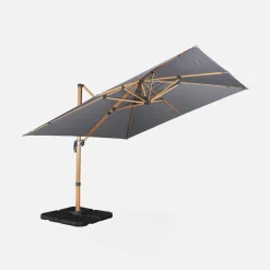Guarda-sol quadrado excêntrico com mastro efeito madeira, 3x3m + base com peso 50x50cm