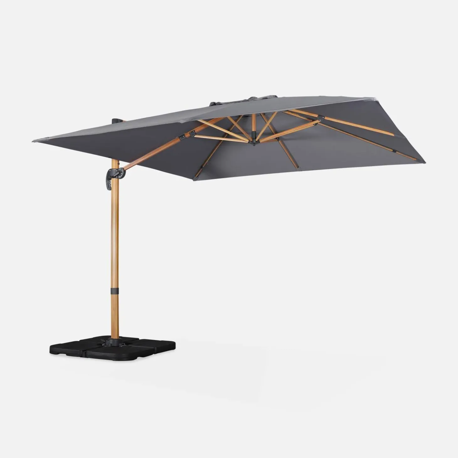 Guarda-sol quadrado excêntrico com mastro efeito madeira, 3x3m + base com peso 50x50cm
