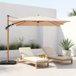 Guarda-sol quadrado excêntrico com mastro efeito madeira, 3x3m + base com peso