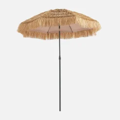 Guarda-sol redondo exótico em aço com efeito madeira e palha, Ø2m