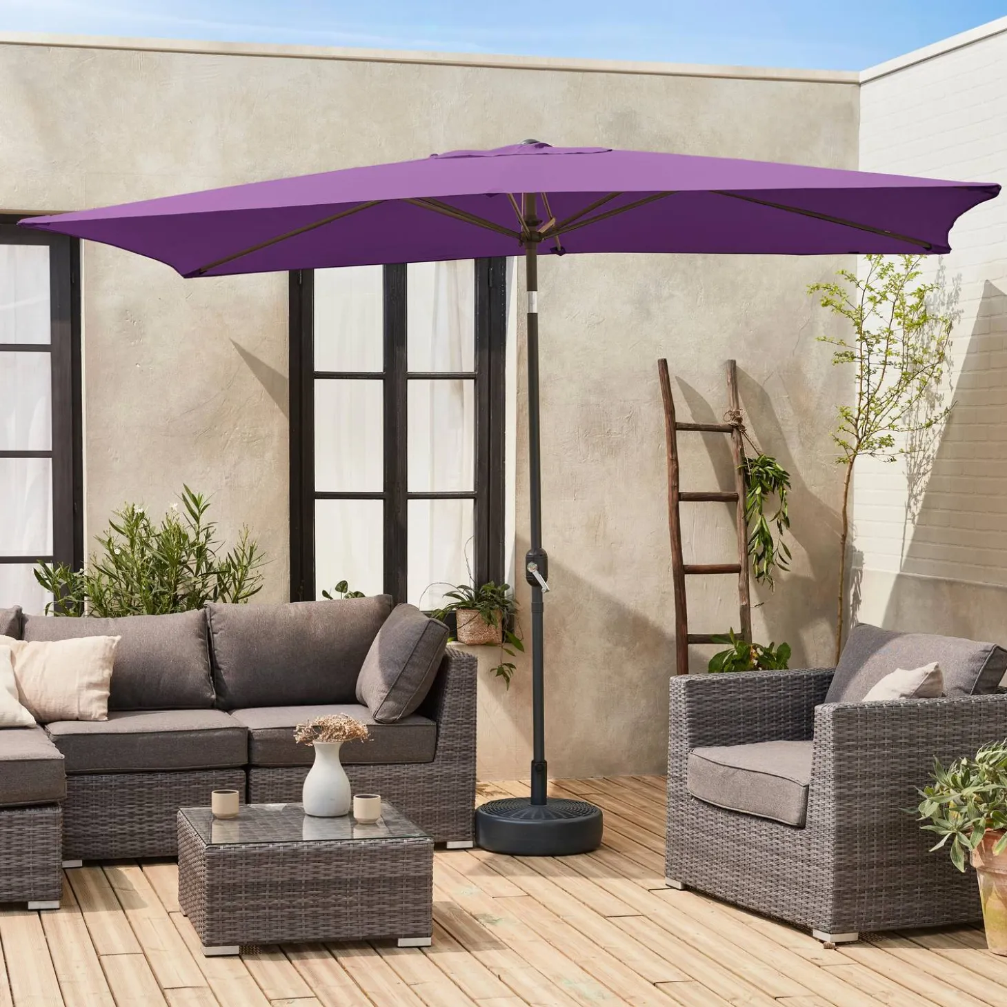 Guarda-sol retangular com mastro efeito madeira, 2x3m