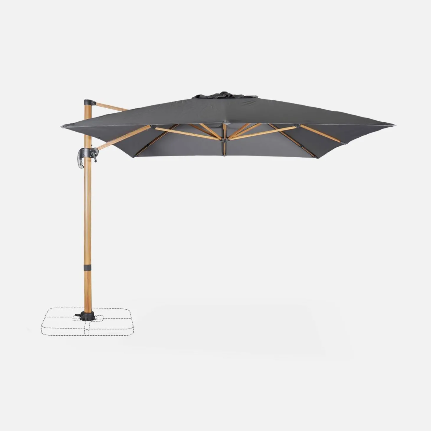 Guarda-sol retangular excêntrico com mastro efeito madeira, 3x4m