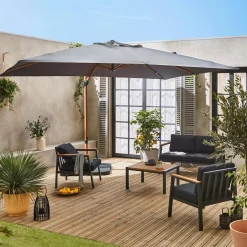Guarda-sol retangular excêntrico com mastro efeito madeira, 3x4m