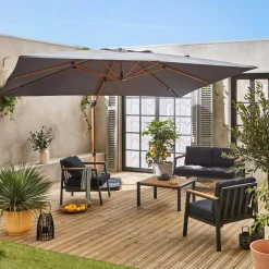 Guarda-sol retangular excêntrico com mastro efeito madeira, 3x4m