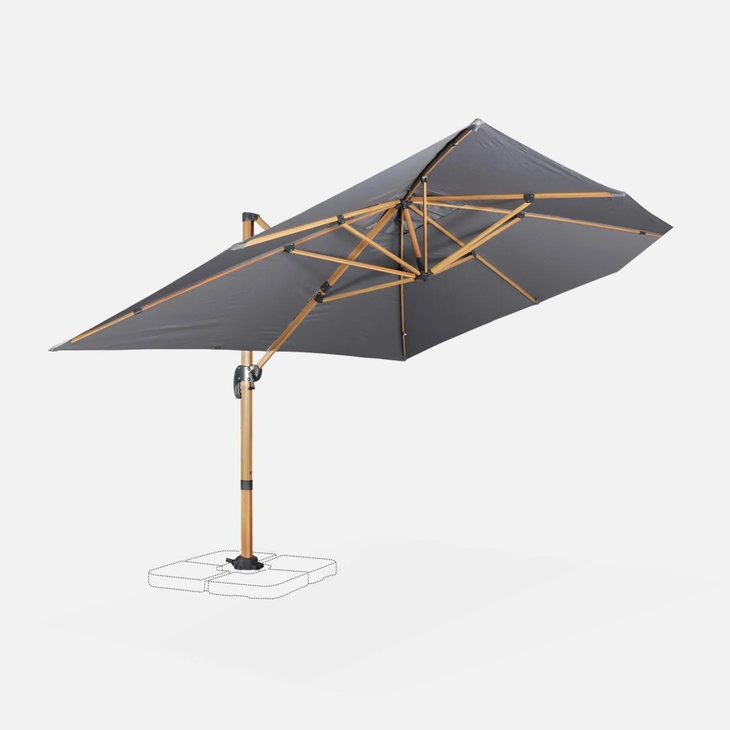Guarda-sol retangular excêntrico com mastro efeito madeira, 3x4m