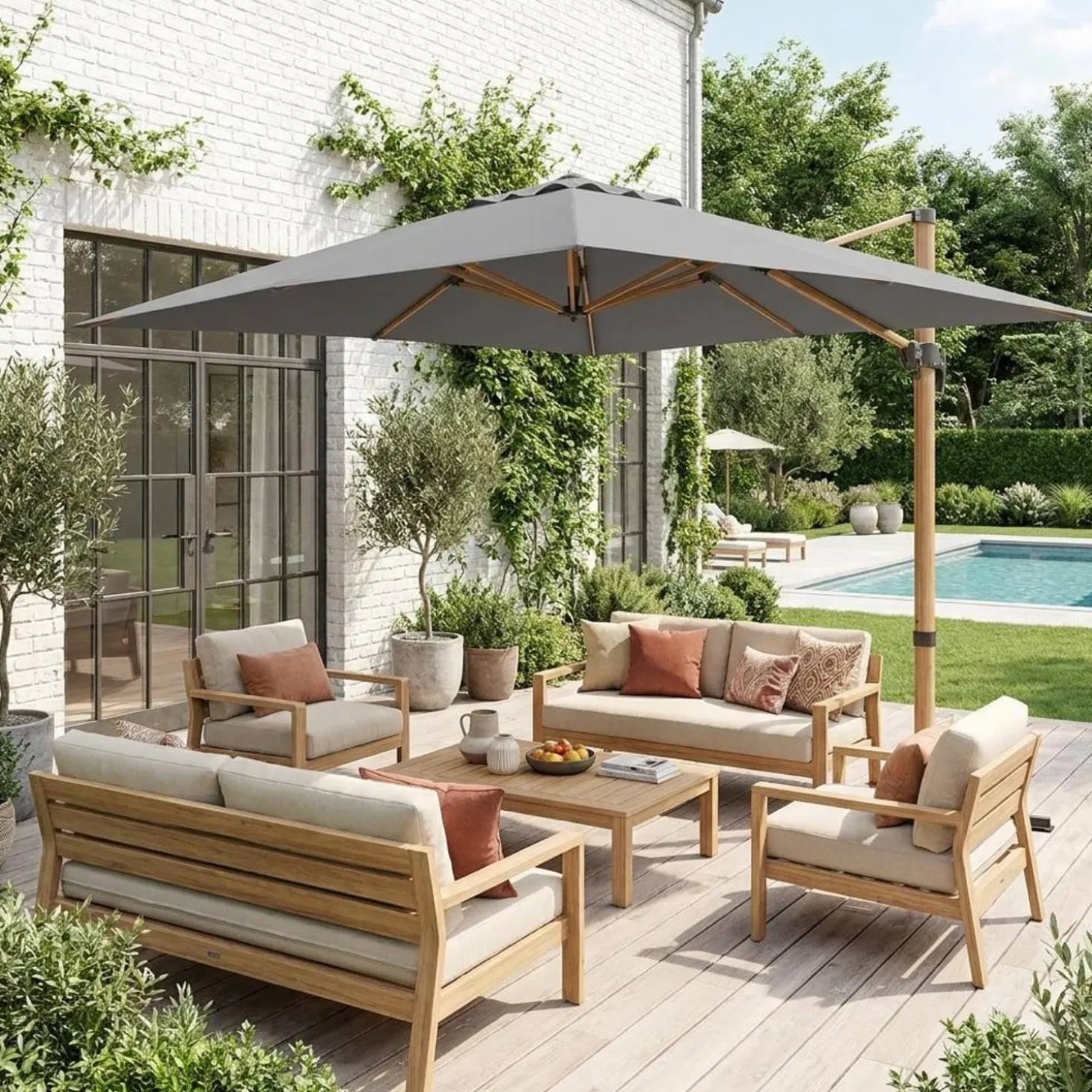 Guarda-sol retangular excêntrico com mastro efeito madeira, 3x4m
