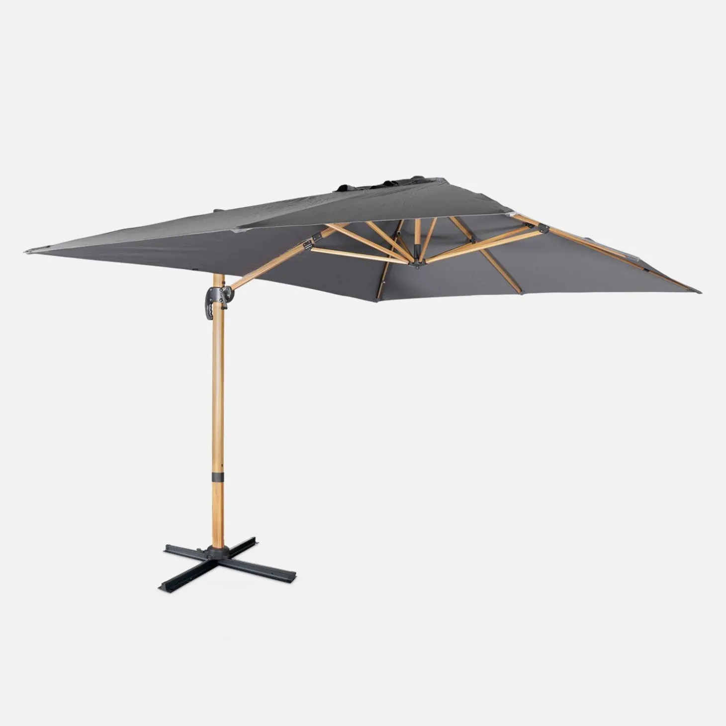 Guarda-sol retangular excêntrico com mastro efeito madeira, 3x4m