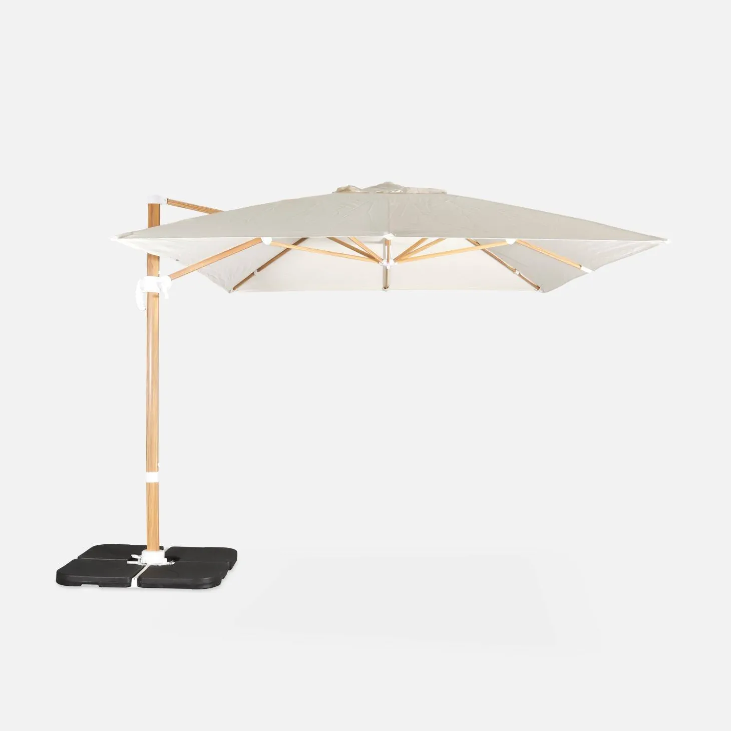 Guarda-sol retangular excêntrico com mastro efeito madeira, 3x4m + placas de peso 50x50cm